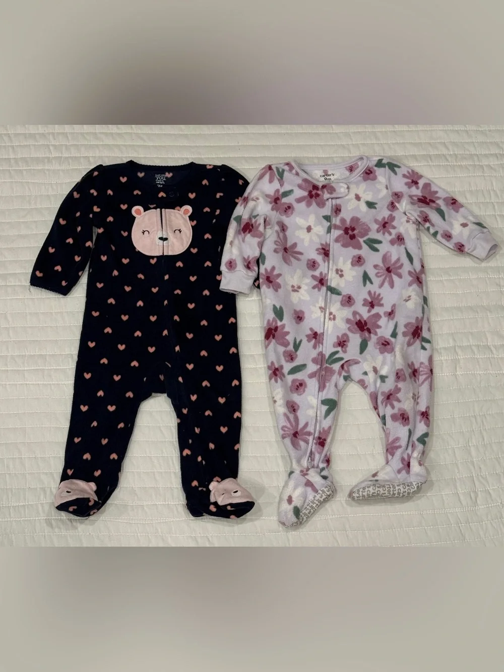 Carters Baby Girl Fleece Footie Sleeper Pajamas Grippy Feet 9 Months Set of 2